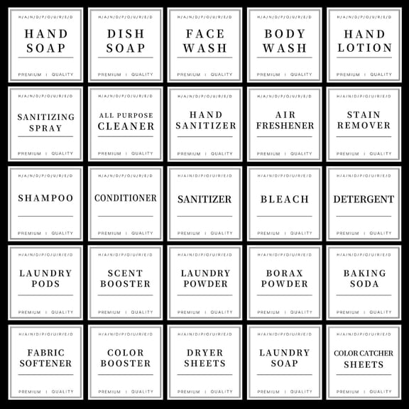 30PCS Waterproof Labels for Bottles, Minimalist Bathroom and Laundry Room Labels Set, Self-Adhesive Labels Stickers for Soap Dispenser and Laundry Jars, Hand Soap Shampoo Conditioner Label