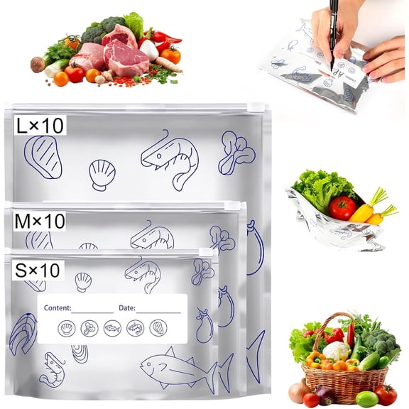 30PCS YUSUIYI Reusable Aluminum Foil Storage Ziploc Freezer Bags,Thicken Stand Up Vacuum Zipper Pouches with Label and Zip Lock for Vegetable Fruit Meat