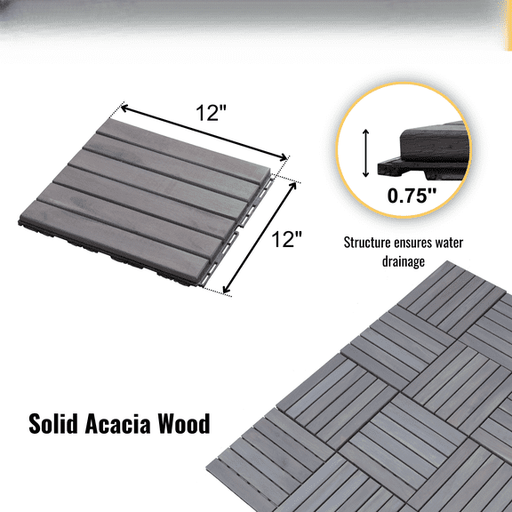 30Pack 1212in Interlocking Deck Tiles Light Gray Acacia Hardwood Outdoor Flooring Waterproof Anti Mildew DIY Snap Together Patio Floor Tiles for Balcony Poolside Garden Walkway Porch Renovation