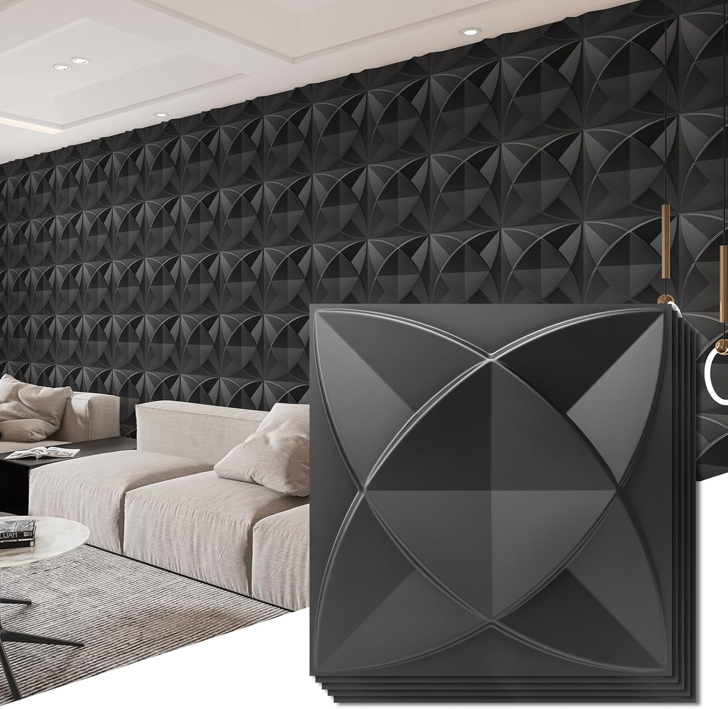 30Pack 3D Wall Panels for Interior Wall Dcor Black 11.8"*11.8" Covering Panels, PVC Textured 3D Wall Tile for Living Room, Bedroom DIY Interior Dcor