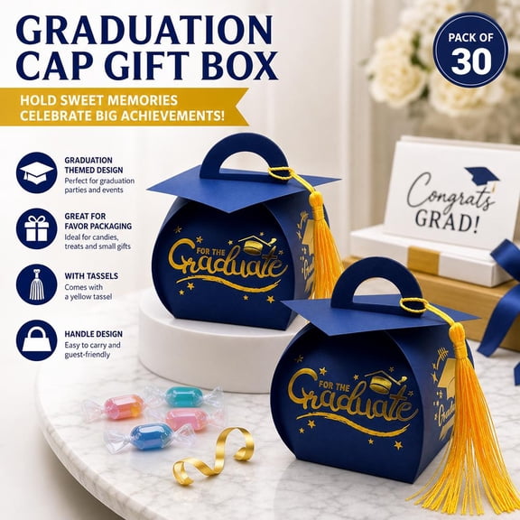 30Pack Graduation Favor Boxes, Small Candy Container with Tassel, Graduation Cap Shaped Cardboard Gift Box for Party Decorations