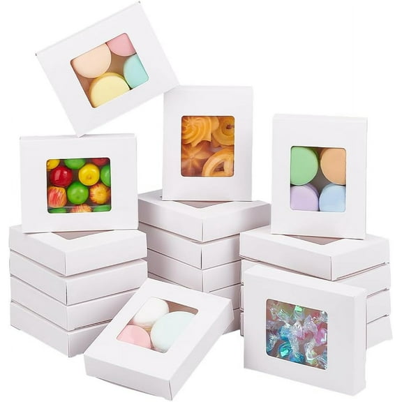 30Packs 3.9x3.2x0.8inch Clear PVC Window Gift Boxes Rectangle White Kraft Paper Present Boxes