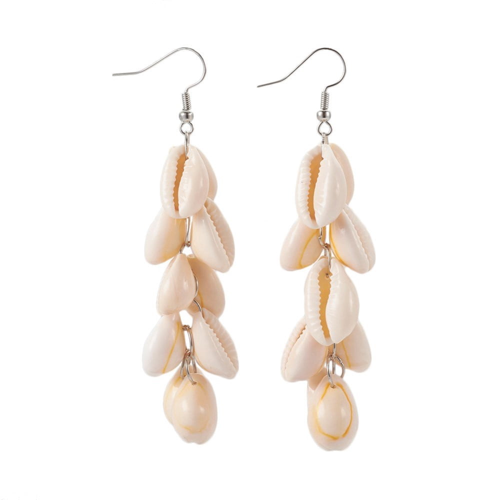 30Pair Cowrie Shell Beads Dangle Earrings with 304 Stainless Steel Earring Hooks and Iron Jump Ring 84~86mm pin: 0.7mm