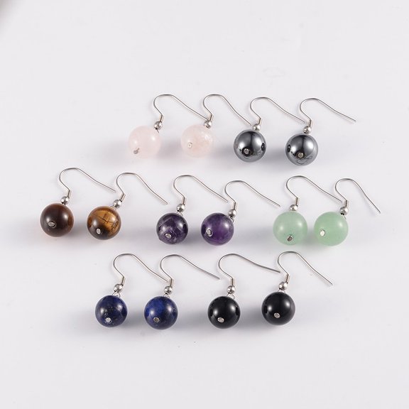 30Pair Round 304 Stainless Steel Natural Mixed Stone Dangle Earrings 35mm Pin: 0.8mm