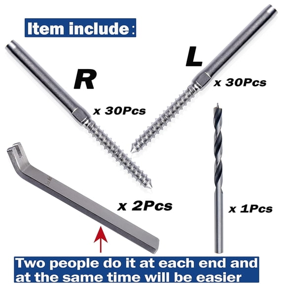 30Pairs Left&Right Handed Thread Lag Screws for 1/8" Decking Cable Railing Kit/Hardware, Non-Turnbuckle System, Silver