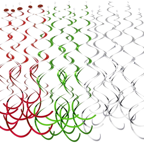 30Pc Christmas Party Party Swirl Decorations Foil Swirl Hanging Decoration Plastic Streamer for Ceiling 22 in (Silver Red and Green)