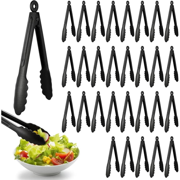 30Pc Plastic Serving Tongs, 11-Inch Heavy Duty Locking Reusable or Disposable Salad Tongs with Secure Push & Pull Lock, Hanging Hole Serving Utensils Set for Buffets, Appetizer, BBQ, Catering, Partie
