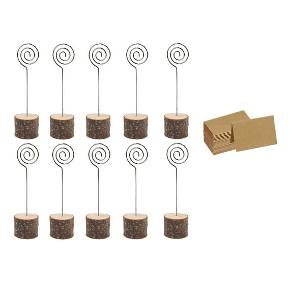 30Pc Wood Place Card Holders with Swirl Wire Kraft Cards Rustic Table Number Stands Name Holder
