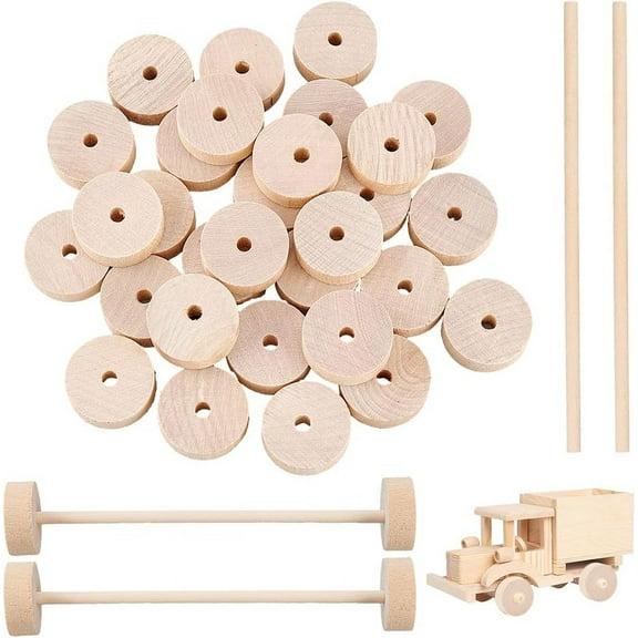 30Pcs 1.1x0.4 Inch Wooden Craft Wheels with 15Pcs 5.9 Inch Wooden Sticks Unfinshed Wooden Wheel Small Wood Wheels Flat Wooden Craft Wheels