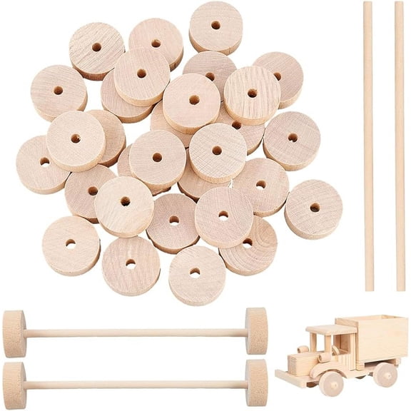 30Pcs 1.1x0.4Inch Wooden Craft Wheels with 15Pcs 5.9Inch Wooden Sticks Unfinshed for DIY DIY Model Cars Wood Crafts Supplies