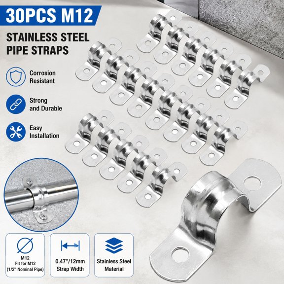 30Pcs 1/2" Stainless Steel M12 Rigid Pipe Strap with 2 Holes, Cable U Bracket Clamp for Pipes and Cables, 0.47" Wide