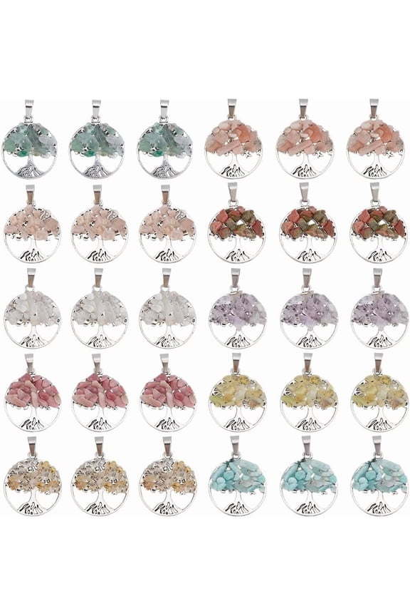 30Pcs 10 Colors Tree of Life Charms Gemstone Charm Gemstone Tree Charms Natural Alloy Flat Round Mixed Stone for for Keychain Jewerly Gift Decor Hole:6x4mm Silver DIY