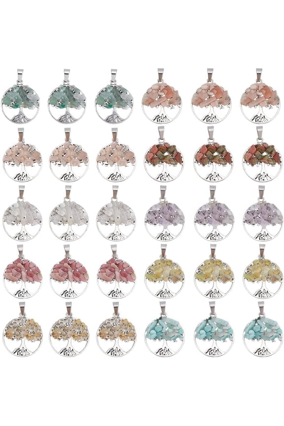 30Pcs 10 Colors Tree of Life Charms Gemstone Charm Gemstone life Tree Charms Natural Alloy Flat Round Mixed Stone for for Keychain Jewerly Gift Decor Hole:6x4mm