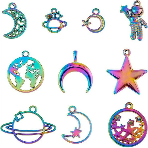 30Pcs 10 Styles Celestial Charms Small Star Moon Map Planet Charms Space Theme Crafting Kit Rainbow Color Alloy Pendants Cosmic Jewelry Charms for Jewelry Making Hole: 1.8mm 1box
