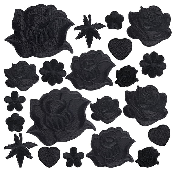 30Pcs 10 Styles Iron on Flower Patches Black Rose Boho Love Heart Leaf Fabric Repair Patch Embroidered Sew on Floral Applique