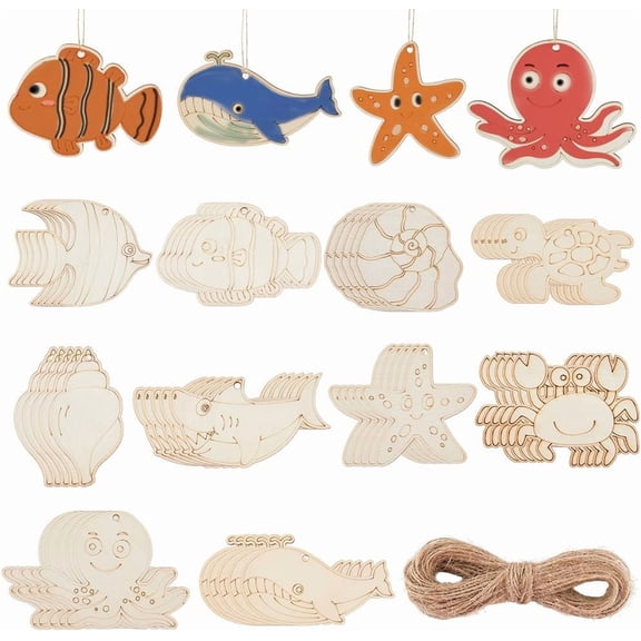 30Pcs 10 Styles Unfinished Wooden Fish Cutouts Ocean Wood Cutouts Summer Beach Sea Animals Whale Turtle Blank Hanging Ornaments Sets for DIY Painting Project Party Tree Art Decoration