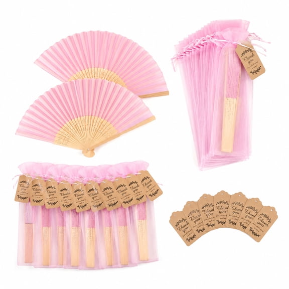30Pcs 10Sets Pink Folding Fan Party Favor Set, Bamboo Hand Fans with Organza Bags and Thank You Tags for Wedding, Bridal Shower, Bridesmaid Gifts, Reception Decorations and Event Favors