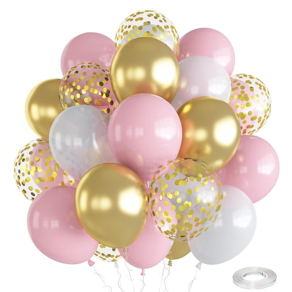 30Pcs 12 Inch Pastel Pink Pearl White Metallic Chrome Gold Confetti Latex Balloons, Baby Pink Gold Party Balloons Set for Girls Baby Shower Birthday Party Decorations
