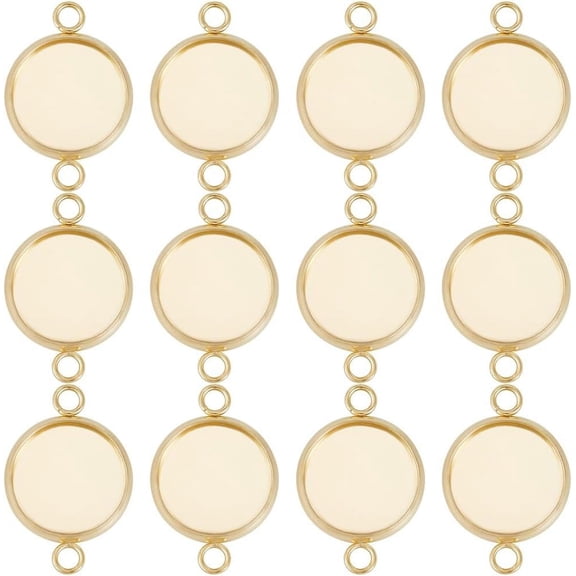 30Pcs 12mm Cabochon Connector Settings 24K Gold Plated Stainless Steel Flat Round Blank Bezel Pendant Trays Connector Cabochon Settings for DIY Jewelry Making