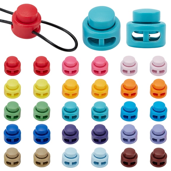 30Pcs 15 Colors Plastic Cord Locks Double Hole Drawstring End Stopper Fastener Spring Slider Toggles Clip with Storage Box