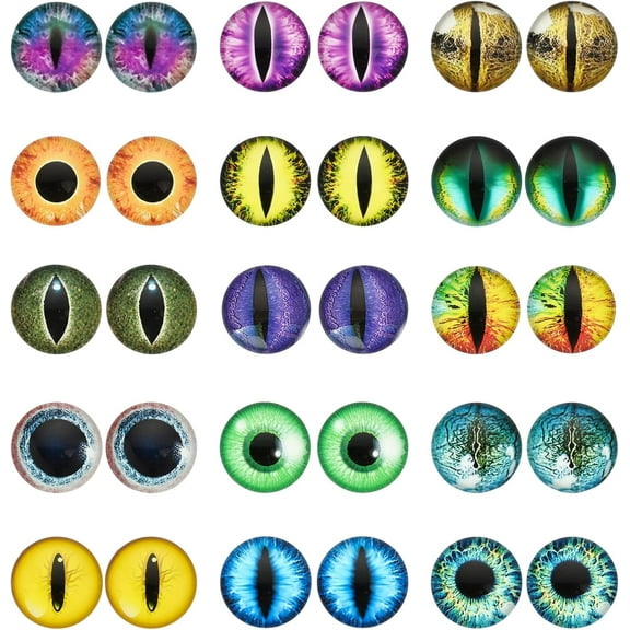 30Pcs 15 Style Luminous Cat Eyes for Craft Glass Cabochons Glow in The Dark Half Round Animal Eyes Flatbacks for DIY Craft Necklace Bracelet Making 20mm DIY
