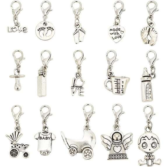 30Pcs 15 Styles Angel Zipper Pull Charms Heart Love Bottle Zipper Pull Alloy Replacement Decorative Zipper Pendant Pull Tab for Bag Luggage