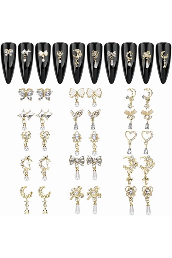 30Pcs 15 Styles Gold Nail Charm Metal Brass Nail Art Charm with Rhinestone Pearls Heart Moon Butterfly Nail Art Accessaries for Woman DIY Nail Art Decoration Gold