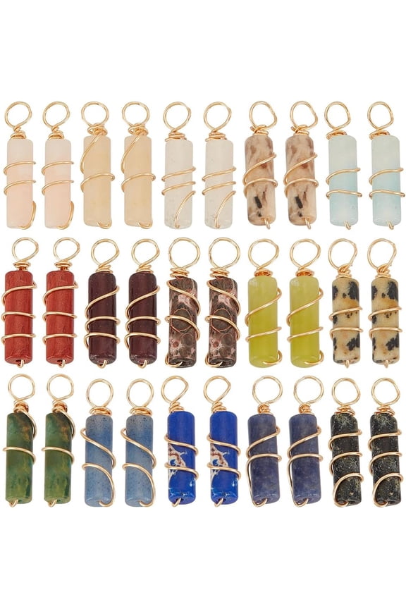30Pcs 15 Styles Mixed Copper Wire Wrapped Big Pendants Column Charms Golden 52mm 2pcs/style