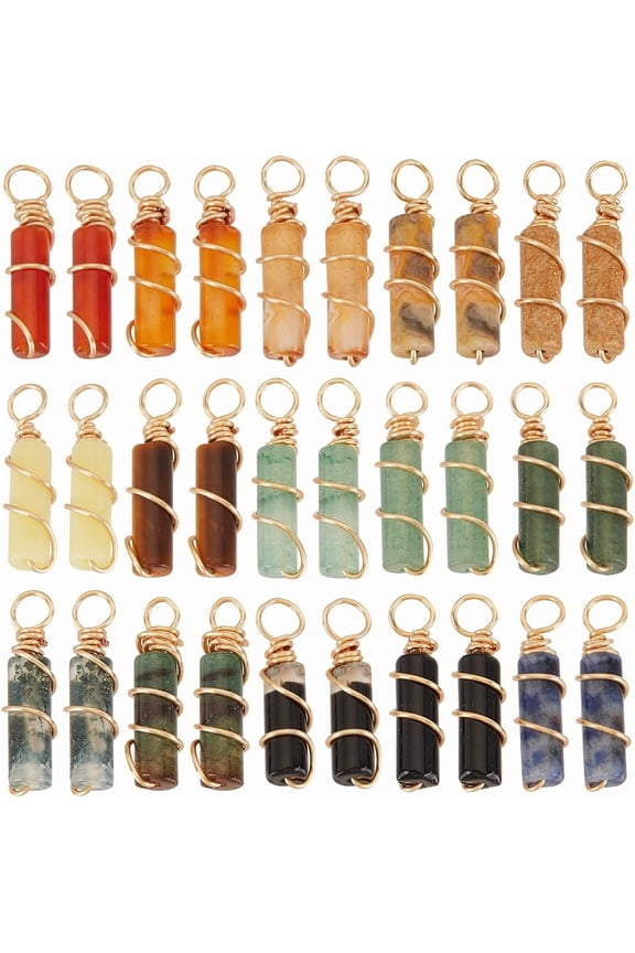 30Pcs 15 Styles Mixed Stone Pendants Column Charms with Golden Tone Copper Wire Wrapped Mixed Dyed and Undyed Mixed Color 2.1cm