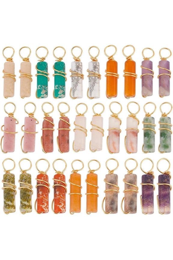 30Pcs 15 Styles Natural Mixed Gemstone Pendants Light Gold Plated Copper Wire Wrapped Column & Cuboid Charms Mixed Dyed and Undyed 20x4~5x4~5mm