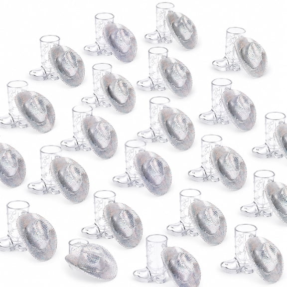 30Pcs 15Sets Mini Western Hat and Boot Shot Glasses Set, Silver Iridescent Sequin Cowboy Hats with Clear Boot Cups, Western Party Decorations, Disco Theme Party Favors, Table Centerpieces