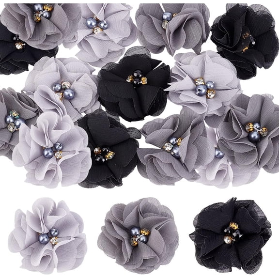 30Pcs 2" Chiffon Flowers 3 Colors Chiffon Flowers with Rhinestone Pearl Flower Sewing Appliques
