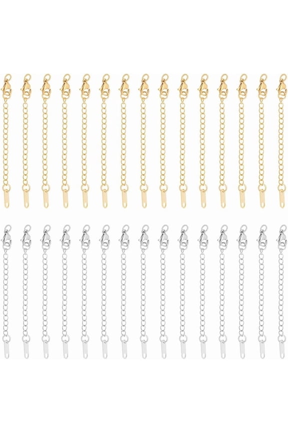 30Pcs 2 Colors 304 Stainless Steel Chain Extender Chain Tabs with Word K14 and Lobster Claw Clasps Golden Stainless Steel Color 64~80mm