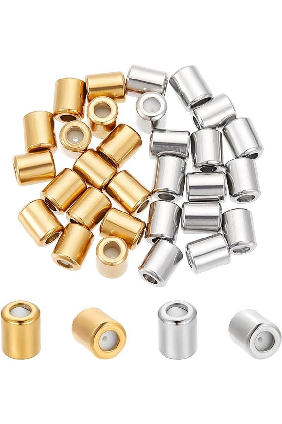 30Pcs 2 Colors Crimp Tube Beads 304 Stainless Steel Spacer Beads Column Stopper Crimp Charms Bail Bead Connectors Metal Slider Beads with Loop