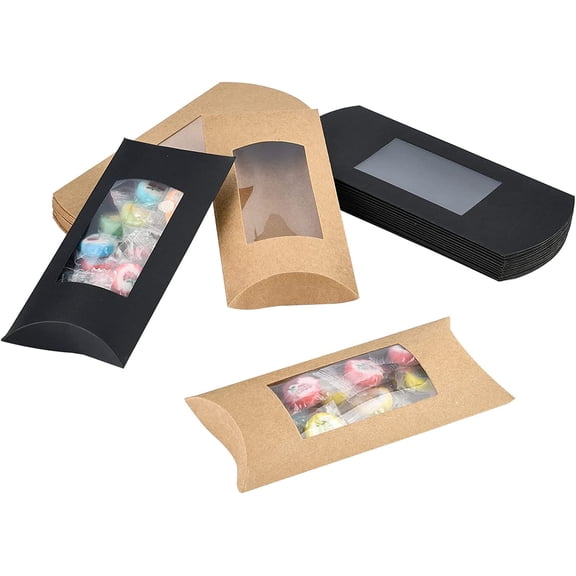 30Pcs 2 Colors Kraft Paper Pillow Box for Wedding Favors Baby Shower Birthday Party Supplies with Clear Window Mixed Color