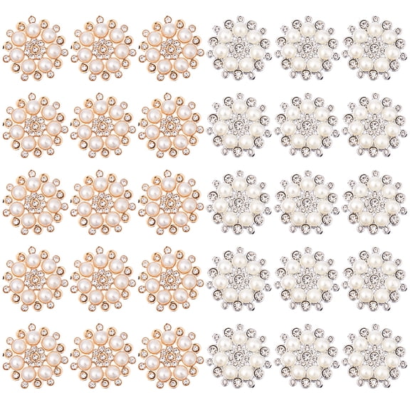30Pcs 2 Colors Rhinestone Buttons Pearl Embellishments Button Plastic Flat Back Flower Button for Scrapbooking Decor Clothes Bag Shoes Jewelry Making DIY Wedding Bouquet DIY