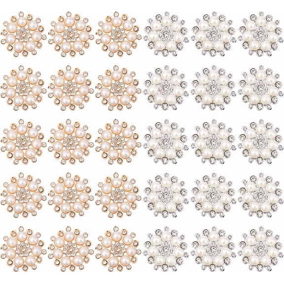 30Pcs 2 Colors Rhinestone Buttons Pearl Embellishments Button Plastic Flat Back Flower Button