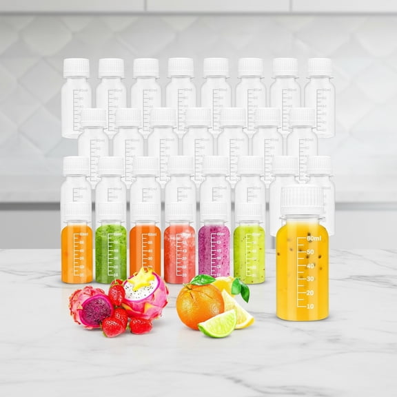 30Pcs 2oz Small Shot Bottles with Caps, Plastic Juice Bottle Reusable Ginger Beverage Containers Jars with Scale for Liquids, Beer, Coffee, Smoothies Portable Travel Bulk