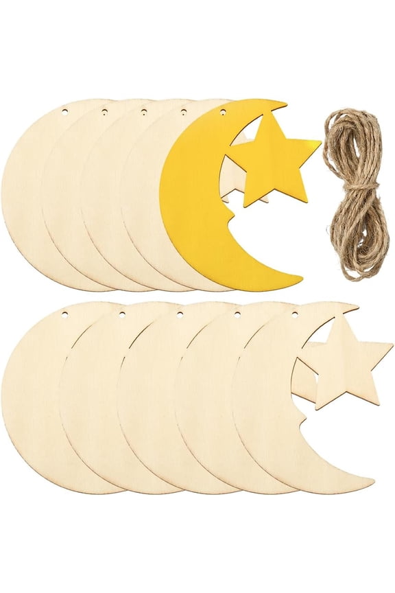 30Pcs 3.9 x 3.3In Blank Wooden Ornaments Moon and Stars Wood Cutouts MDF Material Hanging Gift Tags with String Craft Cut Outs Pendant for Painting Crafting Home Party Decoration DIY Project