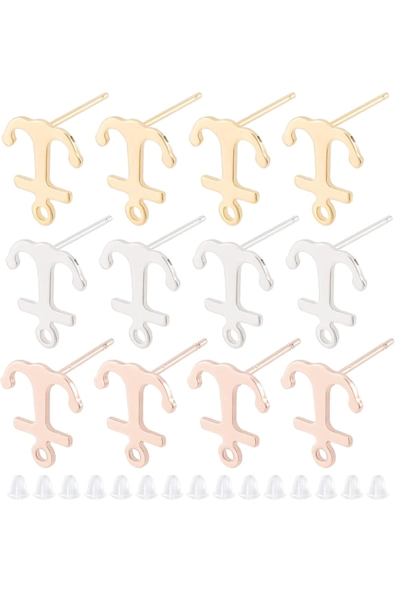 30Pcs 3 Colors 201 Stainless Steel Stud Earring Findings with Horizontal Loop and 316 Stainless Steel Pin Anchor with 50Pcs Plastic Ear Nut for Handmade