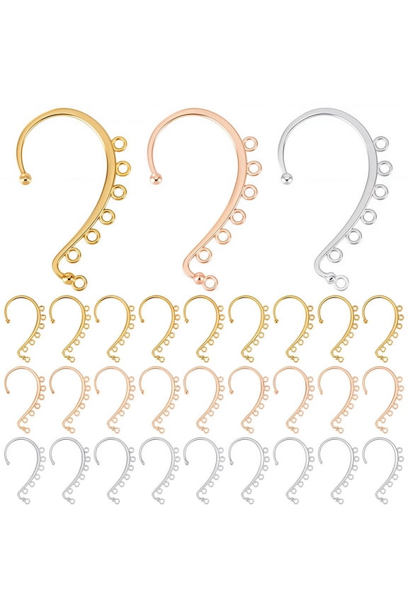 30Pcs 3 Colors Alloy Ear Cuff Findings with 7 Horizontal Loops Ear Wrap Earring Hooks for Non Piercing Earring Making Mixed Color 58x35x2mm for DIY