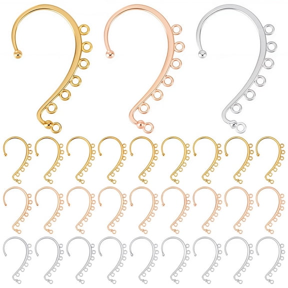 30Pcs 3 Colors Alloy Ear Cuff Findings with 7 Horizontal Loops Ear Wrap Earring Hooks for Non Piercing Earring Making Mixed Color 58x35x2mm