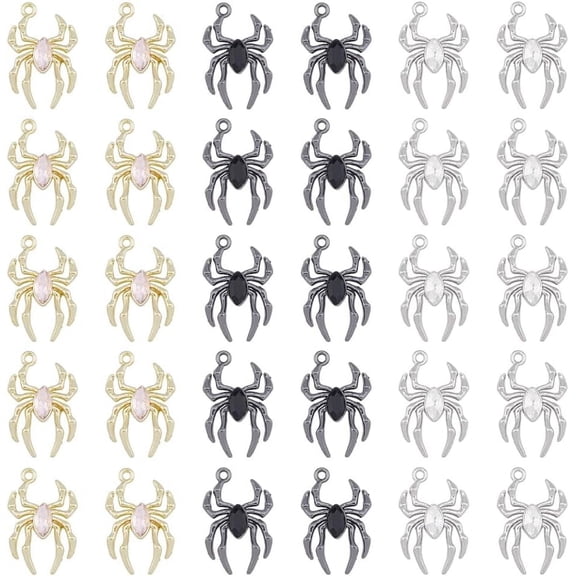 30Pcs 3 Colors Alloy Spider Pendants Spider Charms Flatback Night Spider Pendants Gothic Tibetan Style Charms for DIY Necklace Jewelry Making Hole: 1.6mm