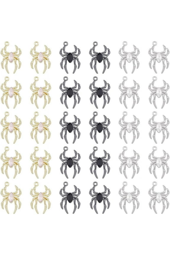 30Pcs 3 Colors Alloy Spider Pendants Spider Charms Flatback Night Spider Pendants Gothic Tibetan Style Charms for DIY Necklace Jewelry Making Hole: 1.6mm Colorful
