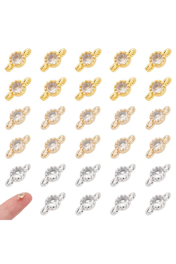 30Pcs 3 Colors Brass Connectors Charms Cubic Zirconia Links with Double Loops Round Rhinestone Charms Findings
