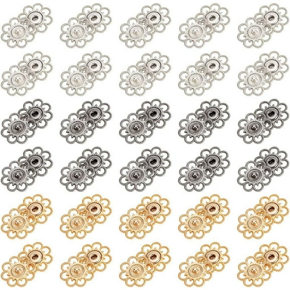 30Pcs 3 Colors Hollow Alloy Snap Buttons Sewing Accessories Flower Mixed Color 1 inch(25mm) 10pcs/color