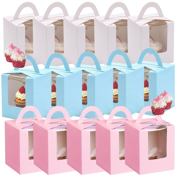 30Pcs 3 Colors Single Cupcake Containers, Cupcake Boxes with Window, Food Grade Cupcake Holders with Inserts, Pastry Containers with Handle for Wedding, Birthday, Parties, Snacks, Gift Packaging Boxe