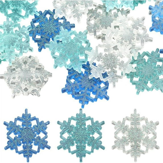 30Pcs 3 Colors Transparent Resin Decoden Cabochons with Glitter Powder Christmas Snowflake Mixed Color 36x35.5x5mm 10pcs/color