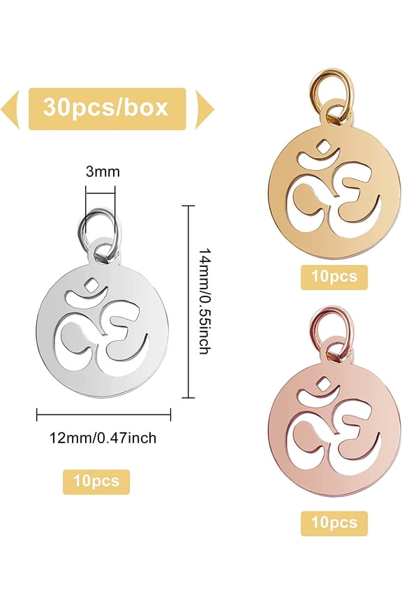30Pcs 3 Mixed Colors 304 Stainless Steel Om Charms Yoga OM Charms Pendants (14x12mm) for Jewelry Making Necklace Bracelet