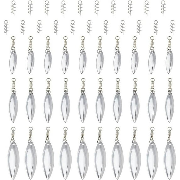 30Pcs 3 Sizes Tail Spinners Colorado Willow Blades with 30Pcs Fishing Spring Pins Platinum Fishing Lure Spinner Blades with Ball Bearing Swivels Spinnerbait Lure for Lure Making Supplies